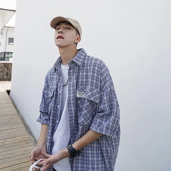 

2019 Spring And Summer New Loose Version Of The Lattice Short-sleeved Tooling Pocket Decoration Harajuku Cotton Casual Shirt