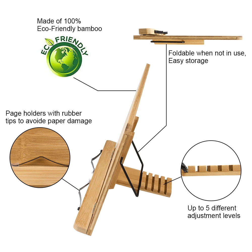 Регулируемая бамбуковая подставка для книг, Складная Настольная подставка для чтения, для музыкальных книг, учебников, планшетов, ноутбуков, с держателем для страниц, зажимы