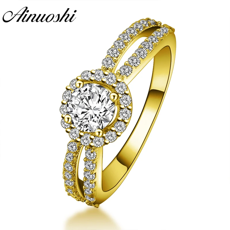 

AINUOSHI 14K Solid Yellow Gold Halo Ring Hollowed Bowknot Band 1 CT Round Cut SONA Diamond Woman Wedding Engagement Ring Jewelry