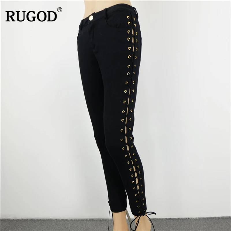 Rugod новые модные сбоку Рваные джинсы для Для женщин Кружево на молнии и шнуровке
