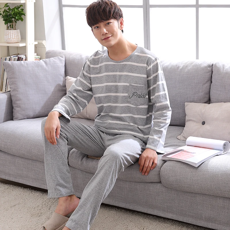 

Knit Cotton Long Sleeve O-neck Pajama For Men Spring Autumn Men Pajamas Set Males Sleepshirts Couple Striped Sleepwear Homewear