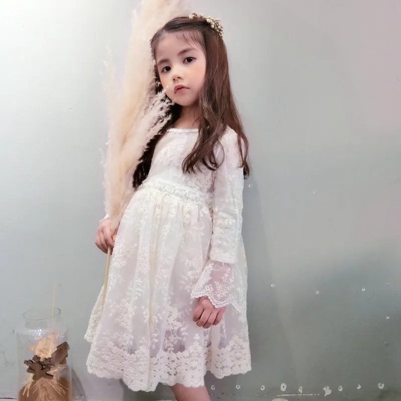 Hurave-2018-summer-Baby-Girl-solid-lace-Dress-Clothes-Children-Long-Sleeve-mesh-clothing-Kids-cute