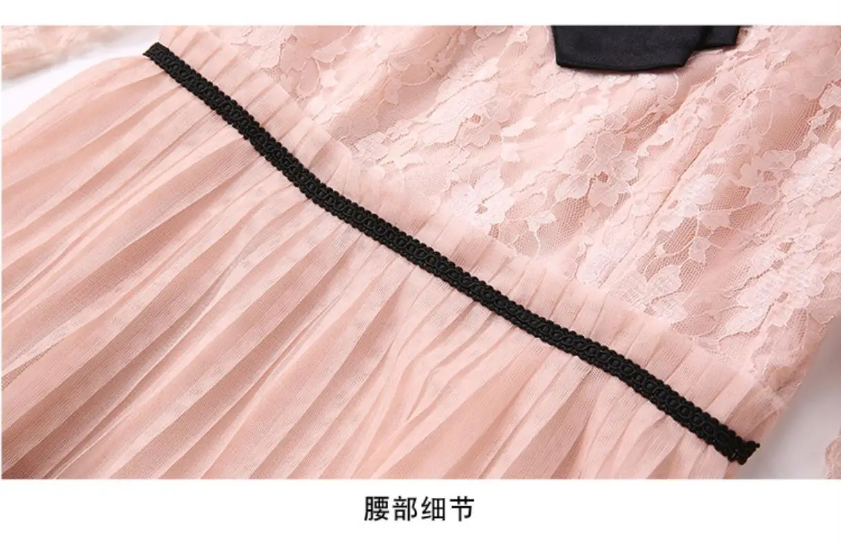 Summer Hollow Pleated Gauze Lace Dress Women Long Sleeve Princess Dress Moda Mujer 2018 Midi Party Dress Strand Jurkjes