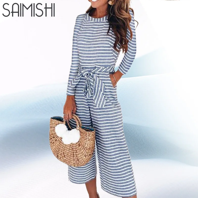 

Saimishi Cropped Jumpsuits Overalls Zipper Back Raglan Sleeve Women Striped Jumpsuits Fashion Long Sleeve Wide Leg Jumpsuits