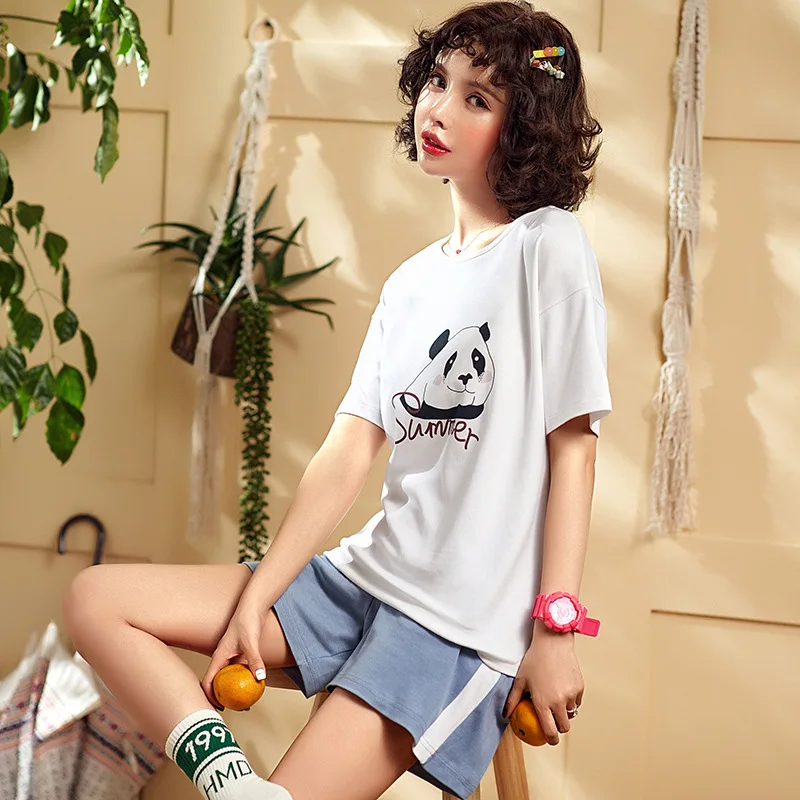 

Pajama Sets Womens Cotton Shirt-sleeved with Shorts Women Sleepwear Summer HouseDress Night Suit Cotton T-shirt & Shorts