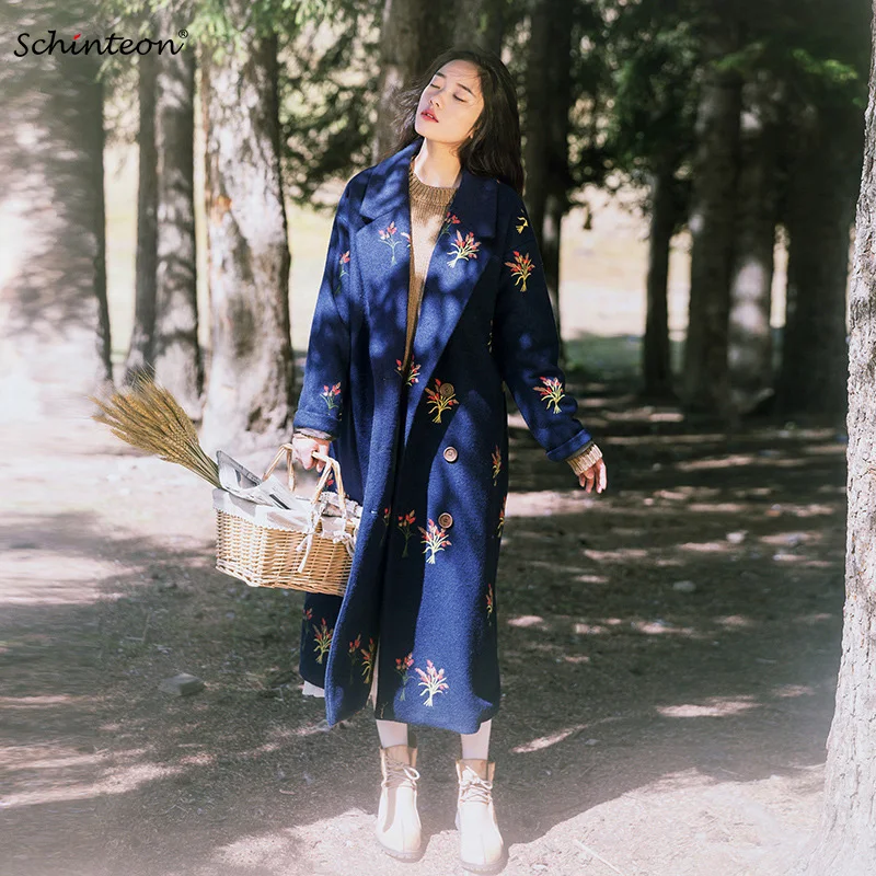 

Women Wool Long Coat Flower Embroidery X-Long Jacket Loose Trench Coat Vintage Garment Double Breasted Navy Blue Winter