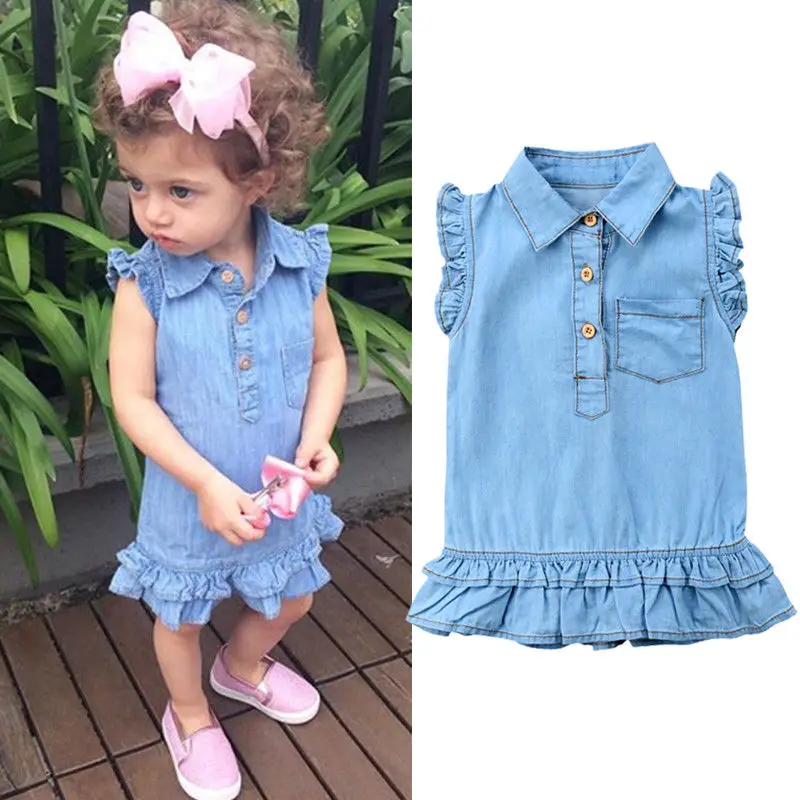 Pudcoco Toddler Kids Baby Girls Denim Dress Ruffle Sleeveless Summer