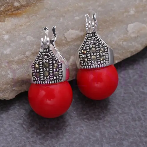 

whosale Round Red Agate Bead Vintage 925 Silver Hooks Earrings 5.29 -Bride jewelry free shipping