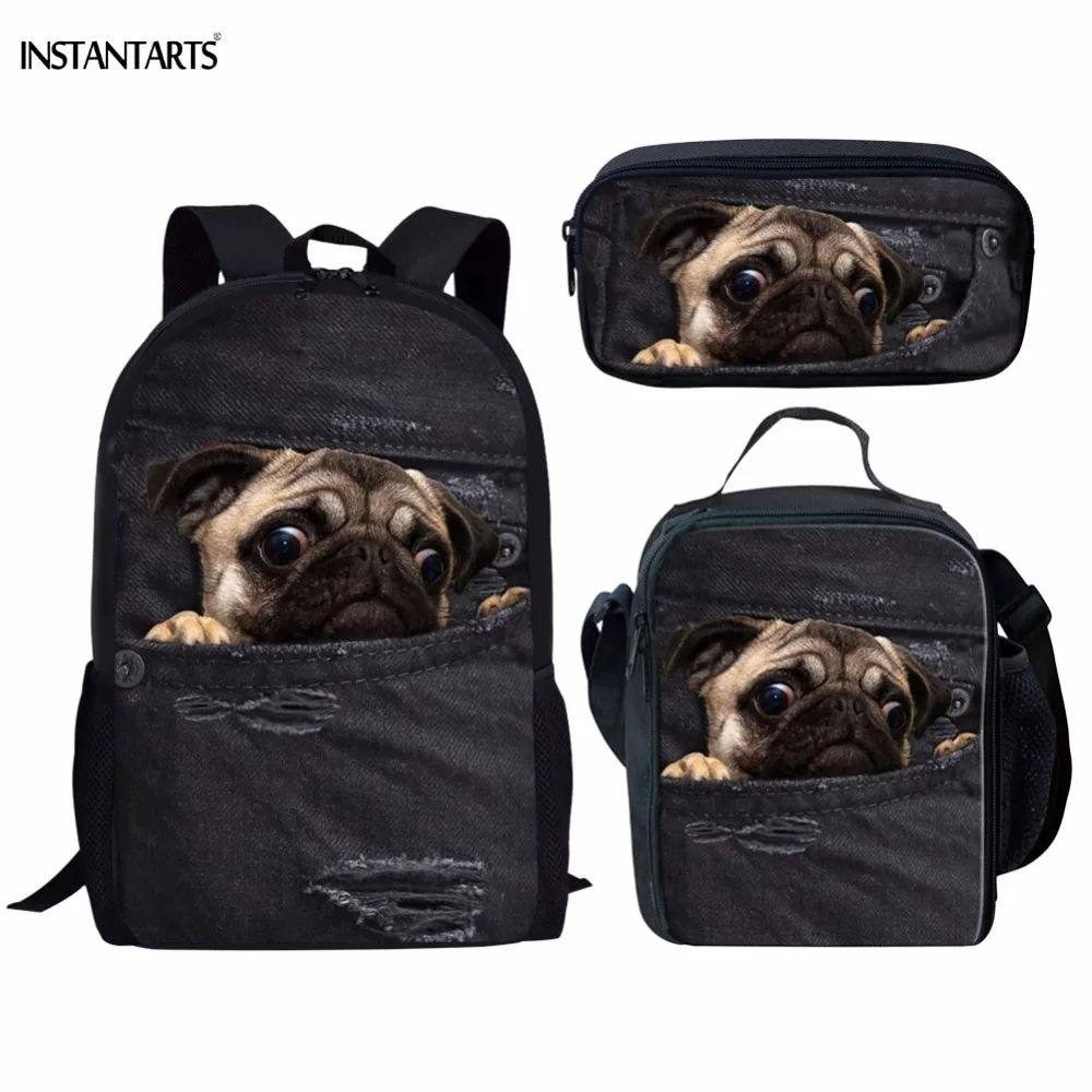 INSTANTARTS Funny 3D Fake Denim Pug Dog/Cat Print 3PCS Children School