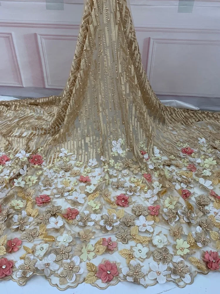 3d кружевная ткань высокого качества африканская Свадебная кружевная ткань с бисером вышивка кружевная отделка французский тюль кружево для африканского кружева 1956b