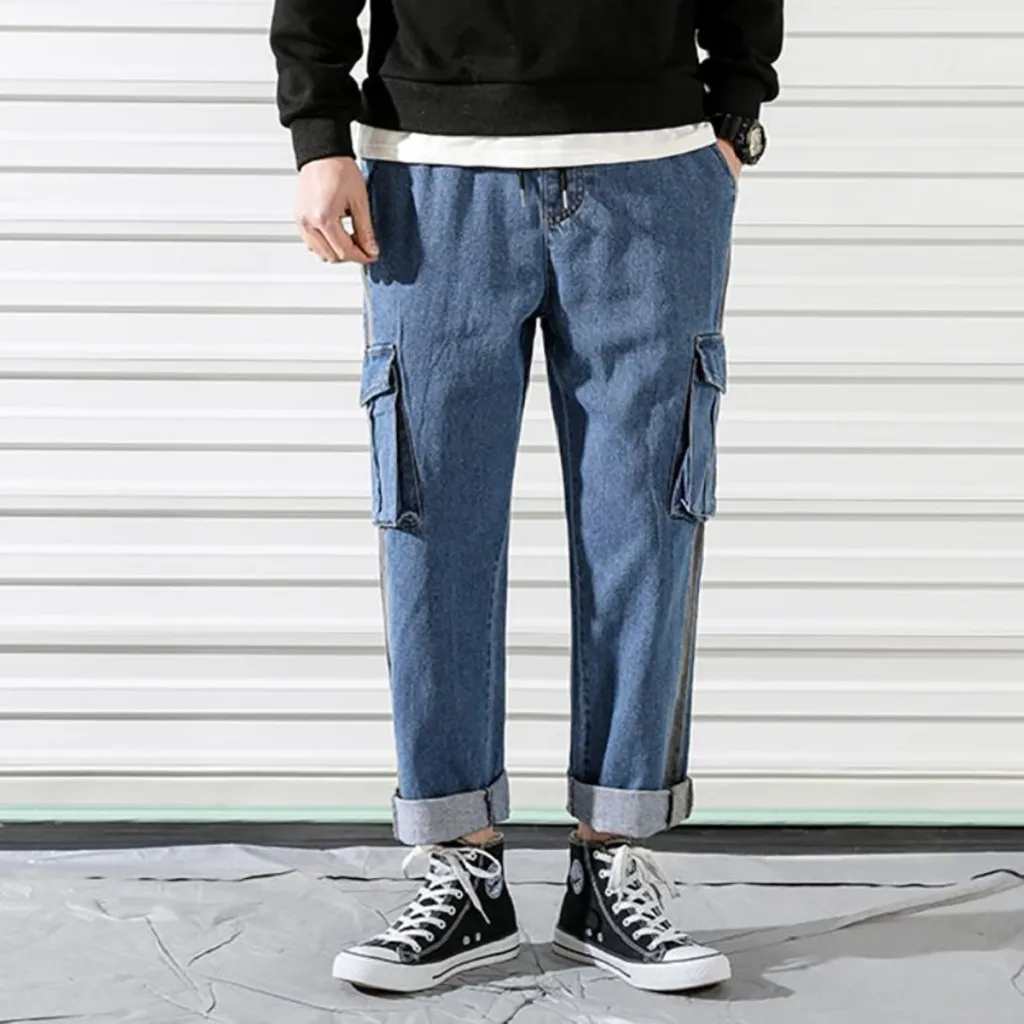 Overalls stitching Men Cargo denim trousers multi-pocket loose hip-hop streetwear drawstring patchwork sports pants plus size