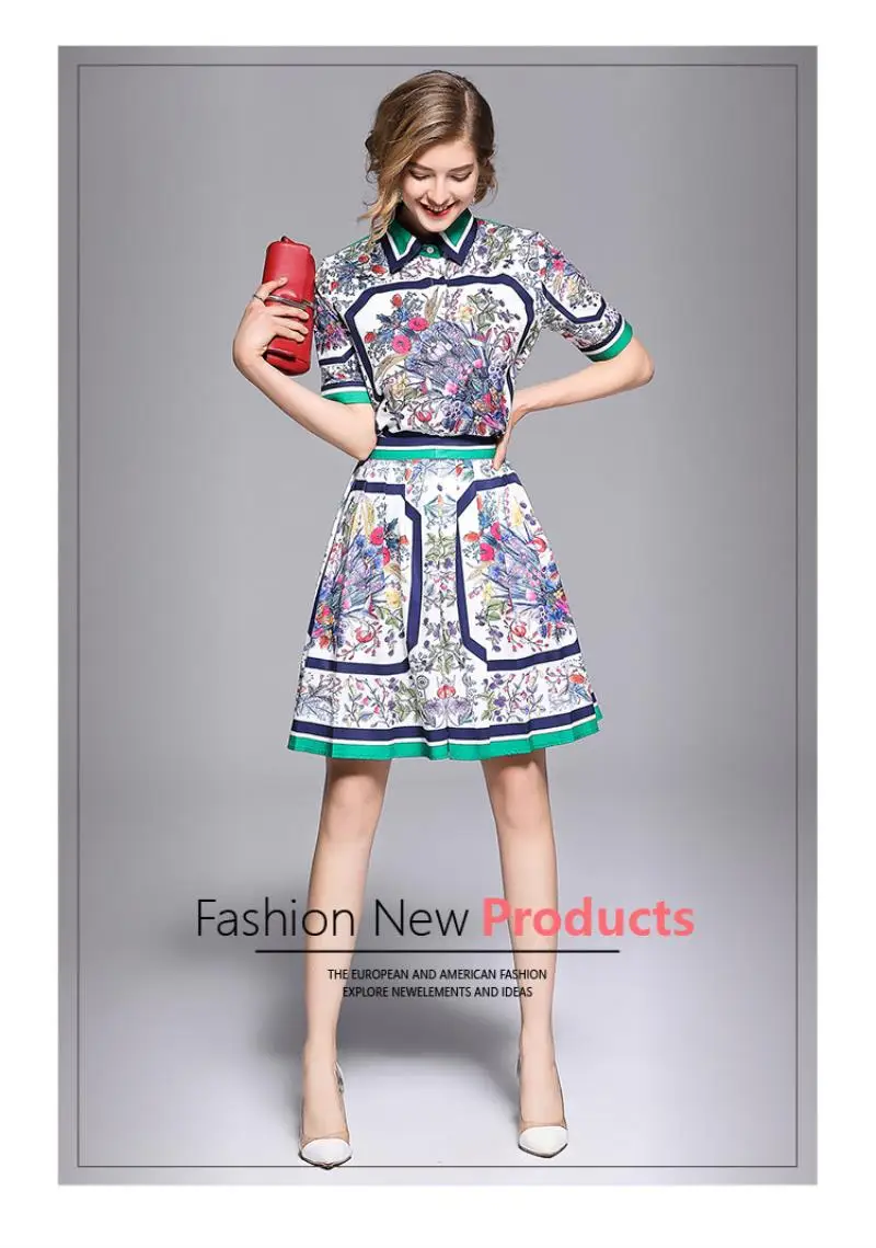 European women's wear 2018 The new summer With short sleeves lapel Stripe edge Floral print shirt + Pleated skirt  printing suit