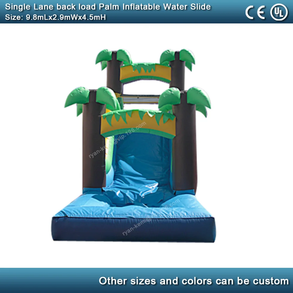 32ft single lane tropical style green palm inflatable water slide with pool for adults kids commercial inflatable wet slide very front view