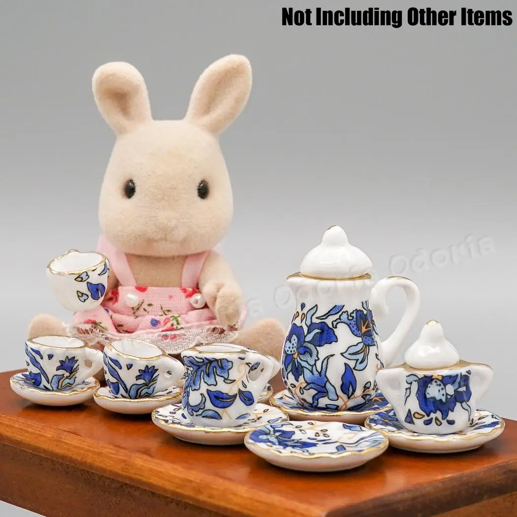 Odoria 1:12 Miniature 16PCS Blue Flower Patten Porcelain Tea Cups Ceramic Teapot Kitchen Set Dollhouse Accessories Decor
