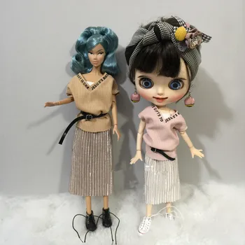 

Free shipping Blyth Doll clothes 1/6 dolls Accessories handmade 30cm clothes v neck Knitted skirt whit belt 4pcs/set