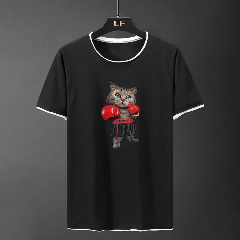 

Fake Two Summer T Shirt Men Fashion Cute Boxing Cat Print Tshirt Short Sleeve Mens T-shirt Cotton White Tops Brand Clothing