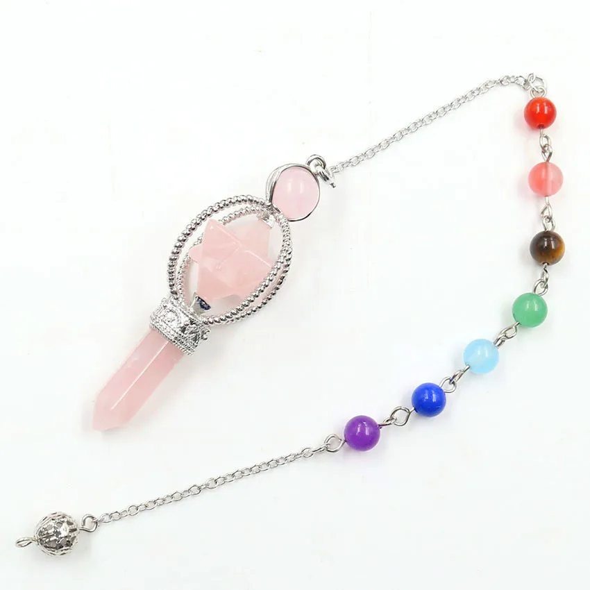 

FYJS Unique Female Anniversary Jewelry Silver Plated Merkaba Natural Rose Pink Quartz Pendant with Chakra Chain