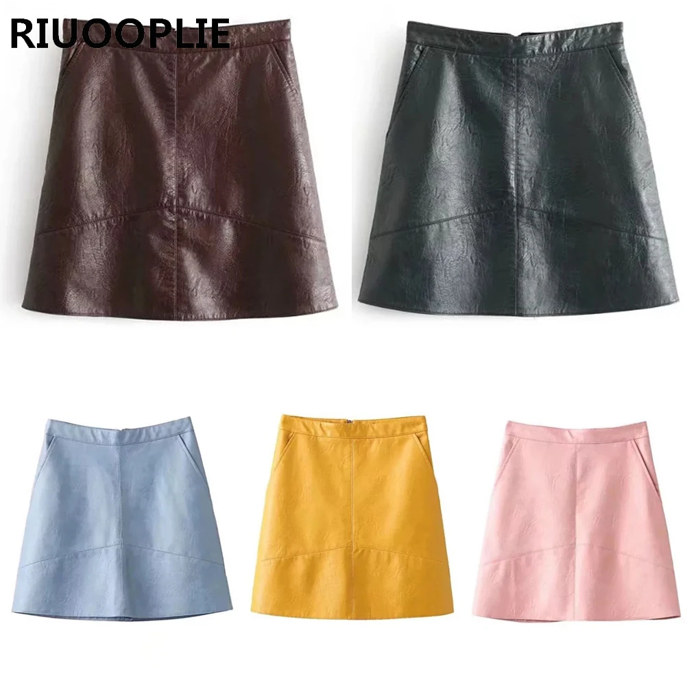 

RIUOOPLIE Solid PU Leather Skirts Pockets Back Zipper Faldas European Style