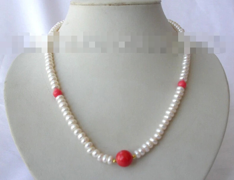 

FREE SHIPPING>@@> 1090 round white freshwater cultured pearl pink coral necklace
