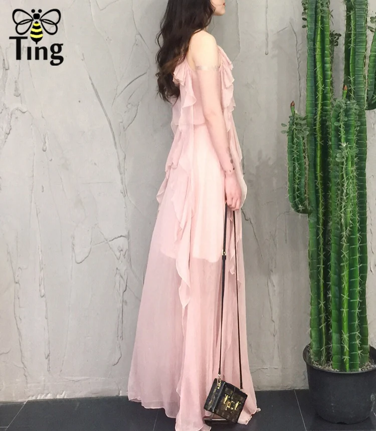 Tingfly летнее розовое элегантное платье макси с оборками Длинные вечерние платья леди Бохо на бретелях Повседневные платья свободные шифоновые модные платья