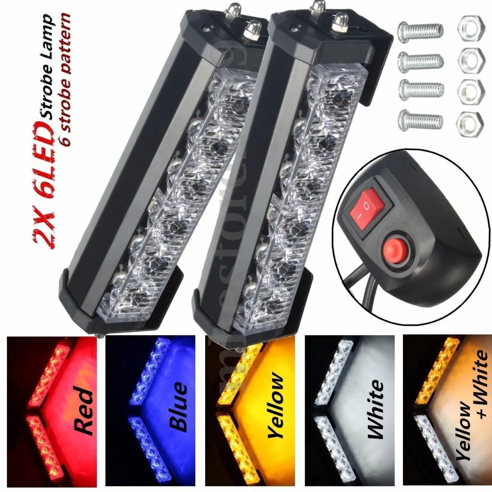

2X 6 LED Car Emergency Warning Strobe Flashing Light Lamp Hazard Grill + Switch Red Blue Yellow White 12V