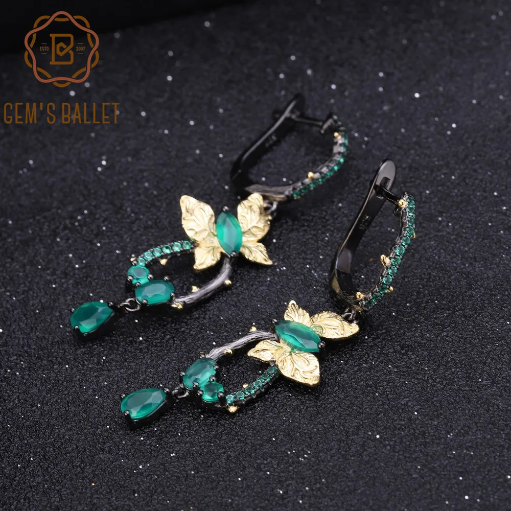 

GEM'S BALLET 925 Sterling Silver Handmade Butterfly Elegant Drop Earrings Natural Green Agate Gemstone Earrings for Women Party
