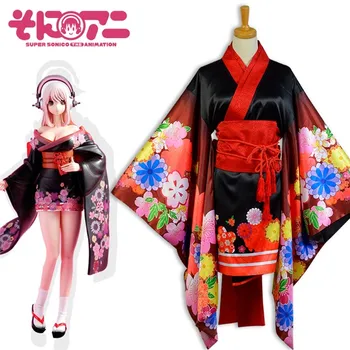 

Anime Party Fashion Super Sonico THE ANIMATION Cosplay Costume Red Black Kimono Lolita Dress Skirt Free Shipping