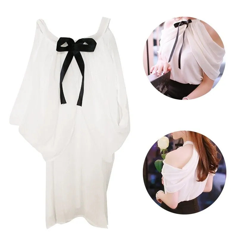 Модная белая рубашка женская сексуальная с открытыми плечами Топ Slash шеи тонкая обертка прозрачная шифоновая блузка Горячая