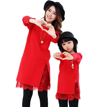 

Mum Girls' Autumn Dress Family Christmas Sweaters Red Mom and Daughter Dress Hand-knitted Sweaters Long Dress for Family Outfits