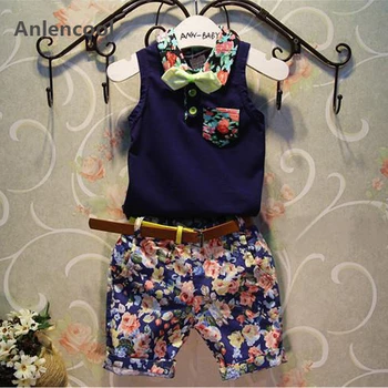 

Anlencool Boy Clothing Sets New Fashion Style Kids Clothing Sets Blue Bow tie Shirt+Print Pants+Belt 3Pcs for Boy Clothes
