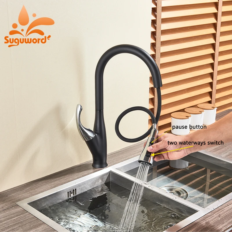 

Suguword Chrome plus Black Kitchen Faucet Deck Mounted Mixer Tap Hot and Cold 2 Waterways Swivel with Pause Button Pull Out