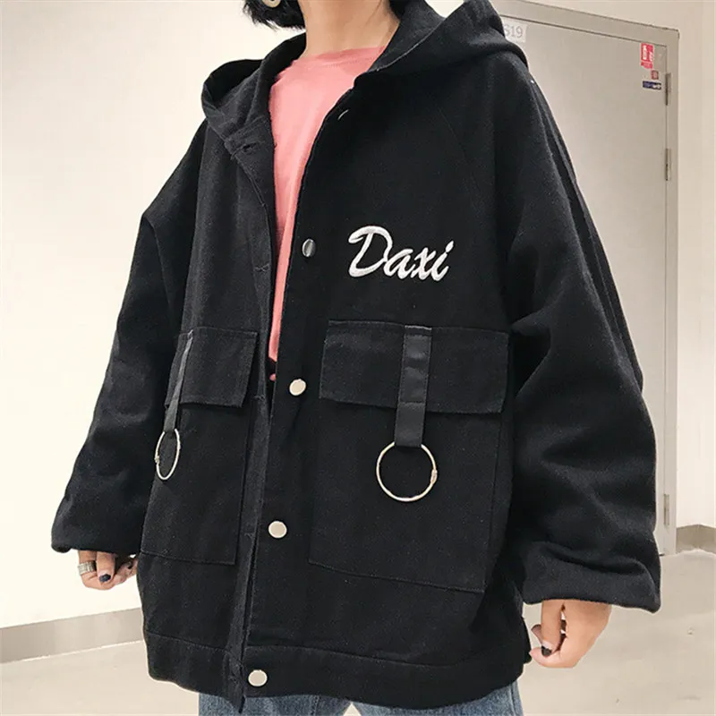 

Women Hooded Denim Jacket Letter Embroidery 2019 Autumn Fashion Korean Harajuku Loose Street Wild Oversize Bat Sleeve Coat