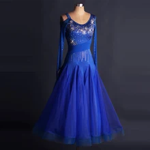 Дамы Вальс Танго стандарт фламенко платья для конкурса бальных танцев индивидуальные юбки синий с длинными рукавами для девочек Дети