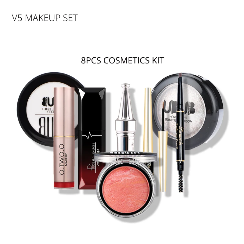 

Hot Sale 8Pcs Daily Use Cosmetics Makeup Set included Lipstick Lip Gloss Eyeshadow Eyeliner Eyebrow Mascara Loose Powder Blusher