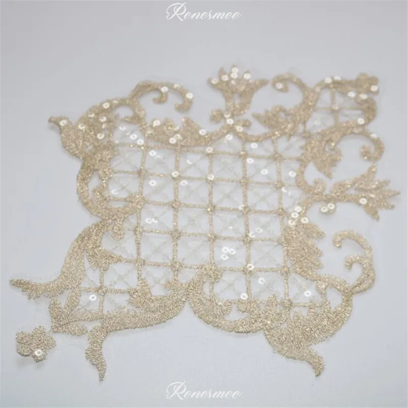 

3Pc Clear Sequins Lace Applique Champagne Gold Appliques Embroidery Lace Trim Fabric Cloth Sewing Patchwork DIY Craft 27X21cm