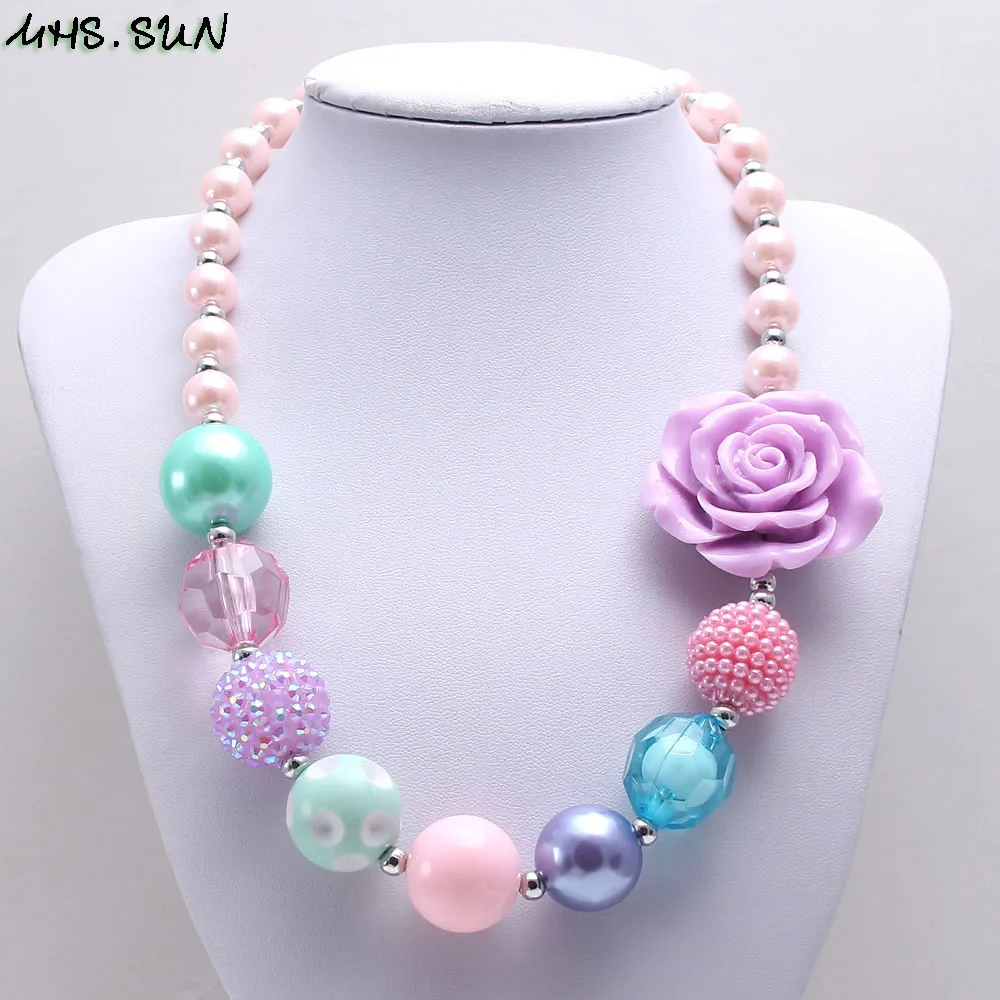 BN620 (13)Rose Flower Girls Beads Necklace Fashion Kids Chunky Necklace Colorful Child Baby Choker Necklace Handmade Charm Jewelry