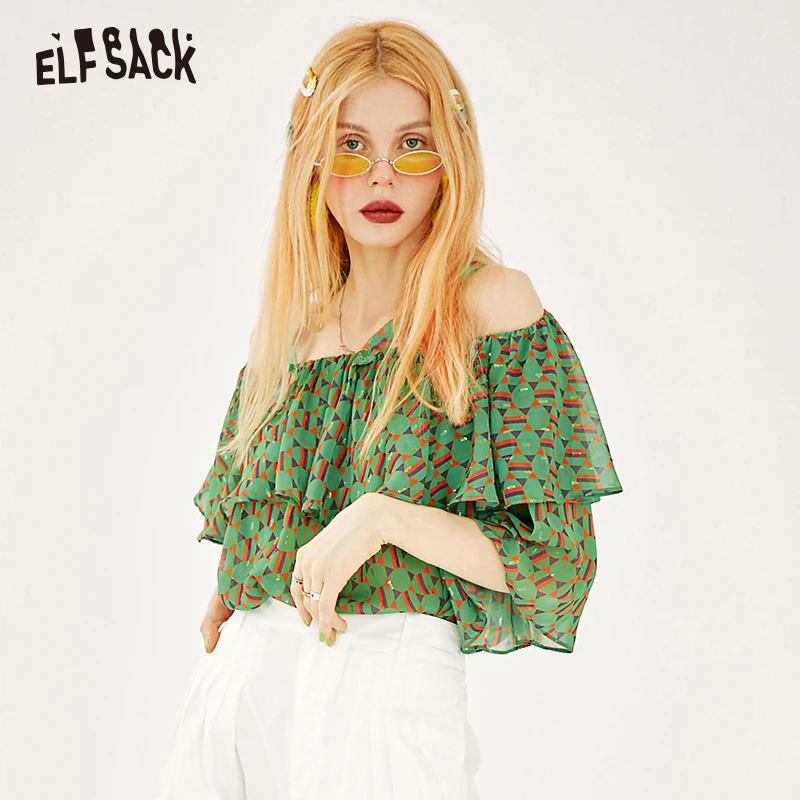 

ELF SACK Sweet Ruffles Green Polka Dot Women Blouses 2019 Summer Sexy Off Shoulder Female Shirt Casual Butterfly Sleeve Clothing