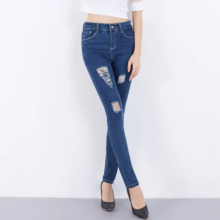 Летние Высокая Талия Женский Рваные джинсы для Для женщин карандаш брюки повседневные штаны окрашенные дамы винтажном стиле женские узкие джинсы - Цвет: Blue Gray