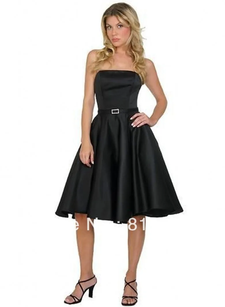 Hot sale A line knee length short black satin bridesmaid dress-in ...