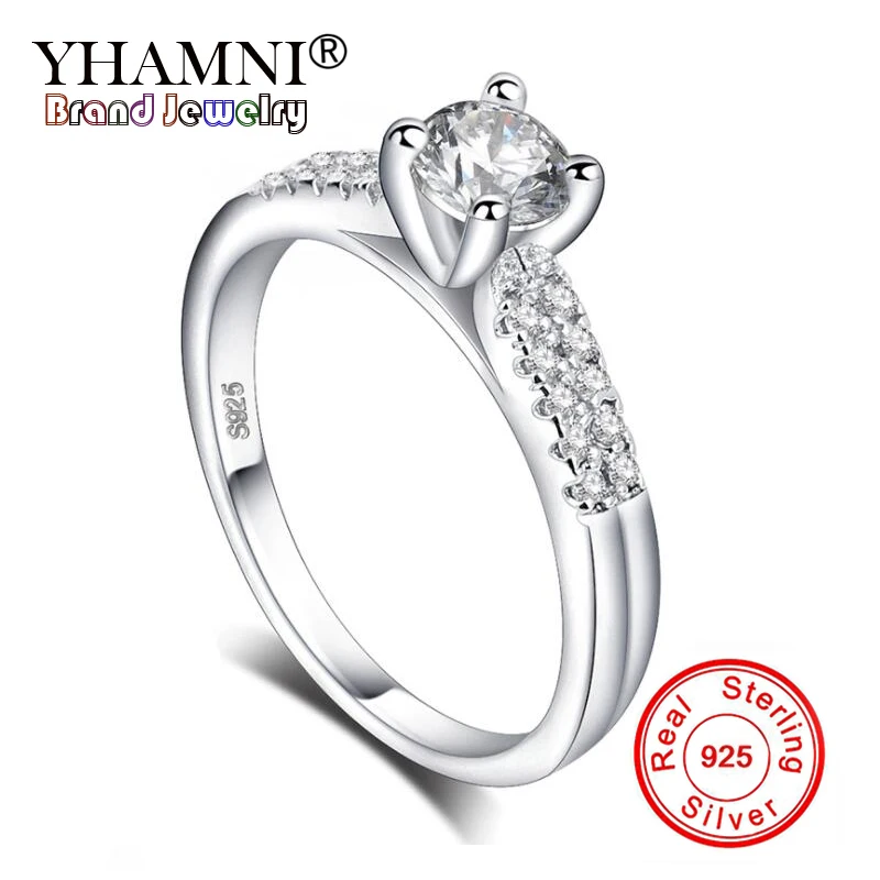 

YHAMNI Luxury 1 Carat 6mm CZ Zircon Crystal Jewelry Original 100% 925 Sterling Silver Ring Fashion Wedding Ring For Women KRA053
