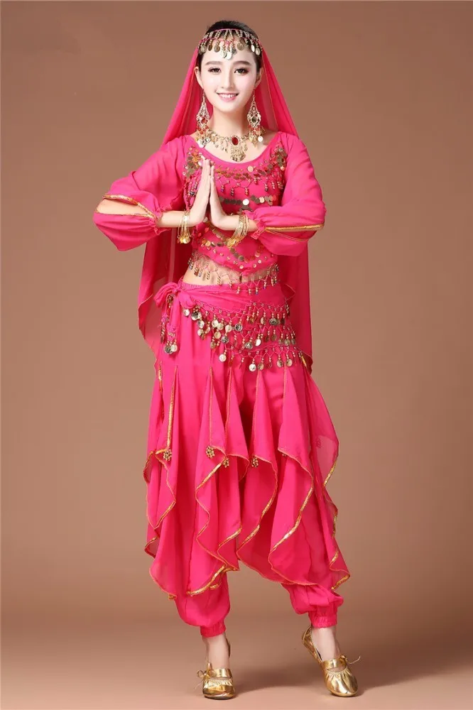 Профессиональный костюм комплект египетского танца живота платье одежда костюм для танца живота боливудские брюки для женщин платья костюмы для взрослых - Цвет: HotPink 4Pcs