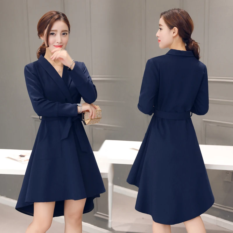 

European Fashion Women New 2017 Spring Dress Long-Sleeved V-Neck Dovetail Dress Posed The A-Line Blue Irregular Party Clothing
