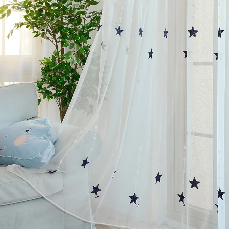 Modern Star Embroidered White Sheer Curtains for Living Room Bedroom