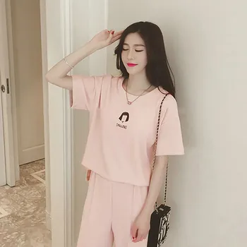 

Women High-Waist Wide-Leg Pants+Short-Sleeve O-Neck Top Casual Solid Two-Piece Set