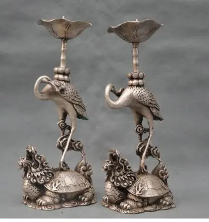 

Fairy Decorative Tibetan silver Copper 12" China Silver Bronze Crane Dragon Turtle Candle Stick Statue Pair