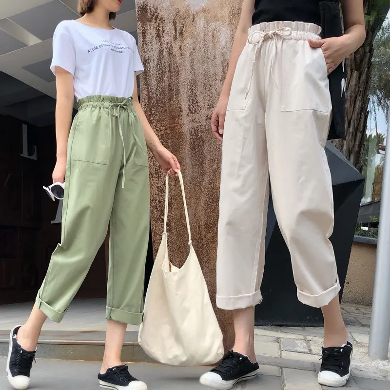 

Linen Cotton Ankle-length Pants 2019 Summer Loose Solid Color Elastic Waist Harem Pants Pantalon Harem Femme