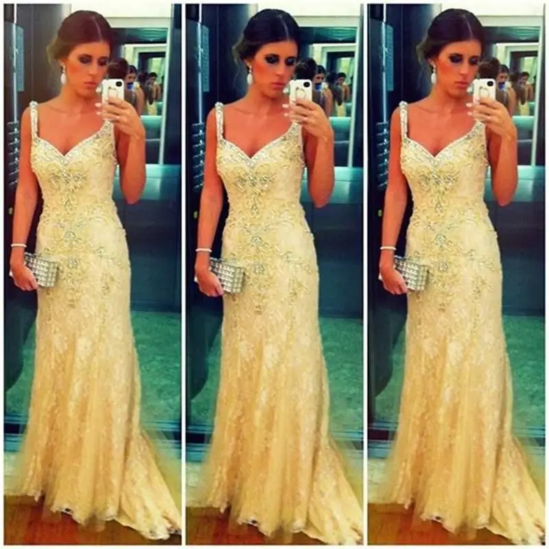 232 126 Vestidos De Festa Long Mermaid Evening Dresses 2017 V-Neck Sleeveless Backless Sweep Train Crystal Beaded Party Dress