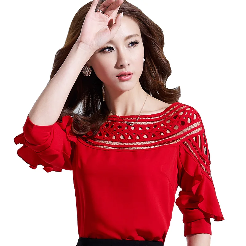 Gaya bordir wanita kemeja busana sifon, Plus ukuran s-3XL berkualitas baik desain berongga keluar wanita pakaian blus putih kasual