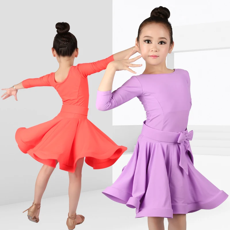 

New Spandex O-neck 3/4 Long Sleeve Latin Dance Dress Girls Children Kids Bowknot Waist Ballroom Samba Tango Dress