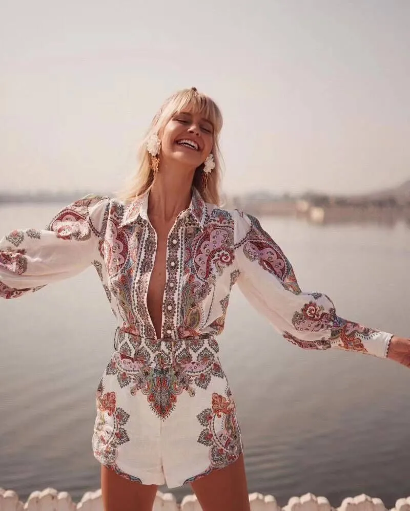 Runway Summer 2019 Designer Two Piece Set Women Bohemian Beach Single Breasted Print Tops Slim Waist Short Blouses + Shorts Suit (1)